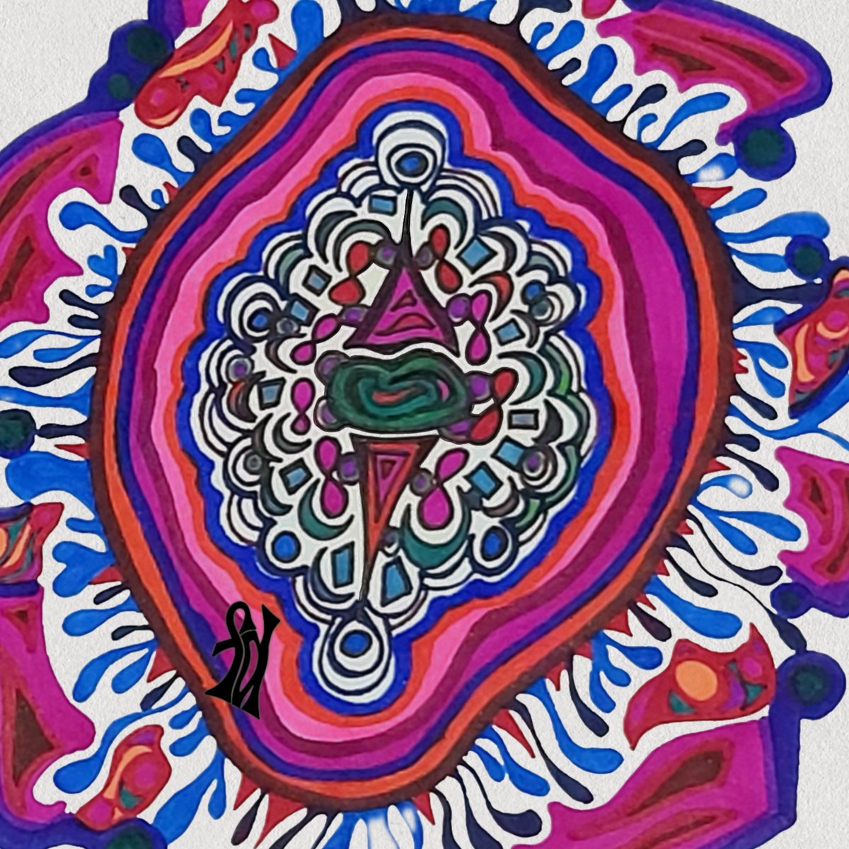 Dense symmetrical mandala in hot pink, cobalt and deep red, signed with the FD monogram