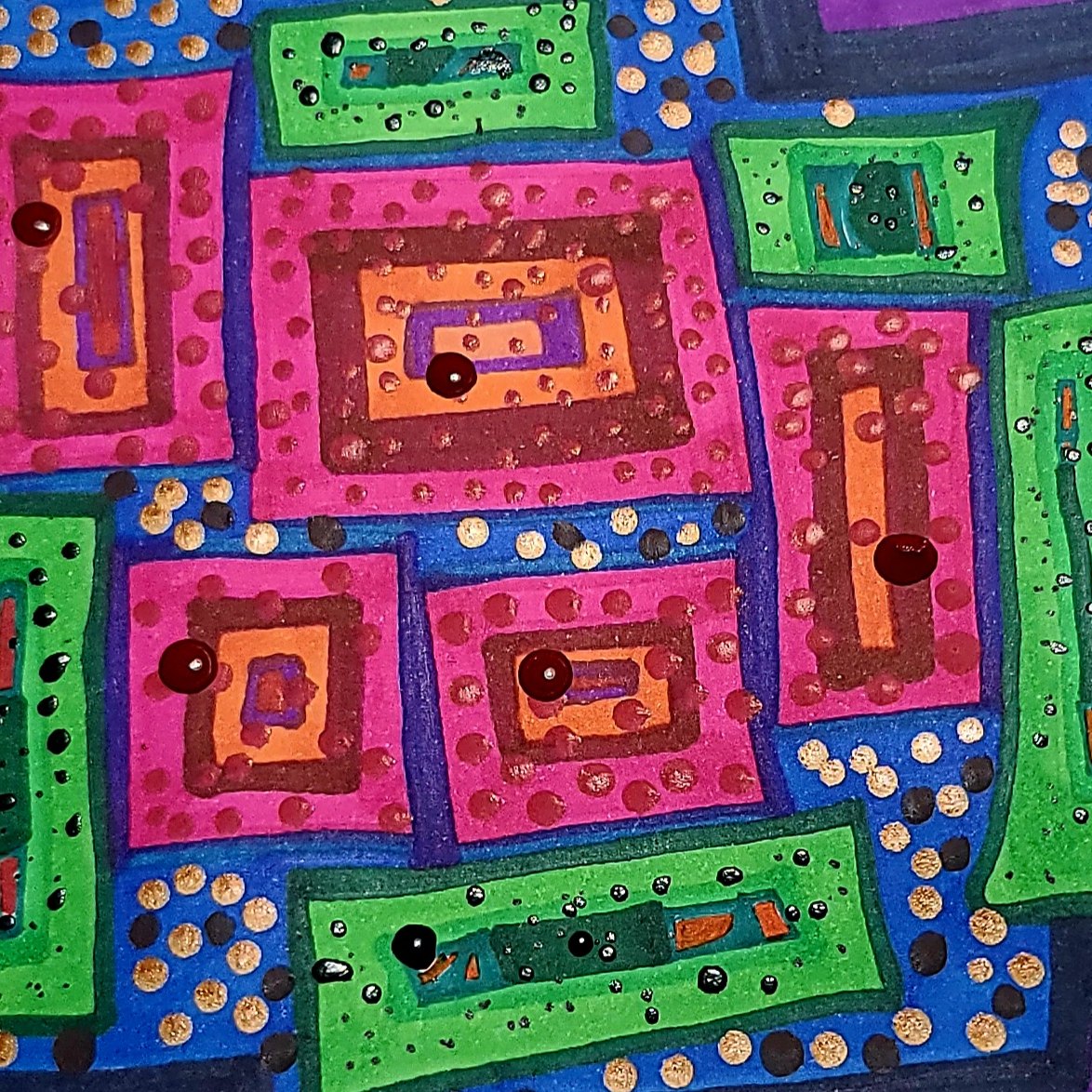 Nested rectangles in magenta, green and blue, scattered with fields of gold and black dots