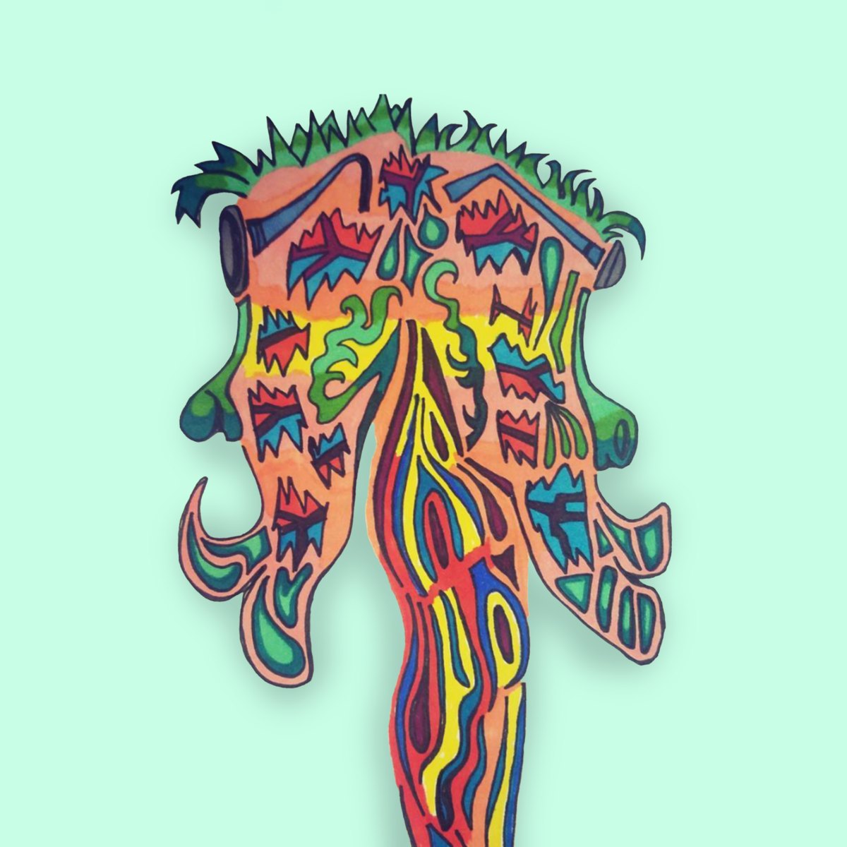 A head in coral, teal and yellow with flame-like forms rising from it, on mint green